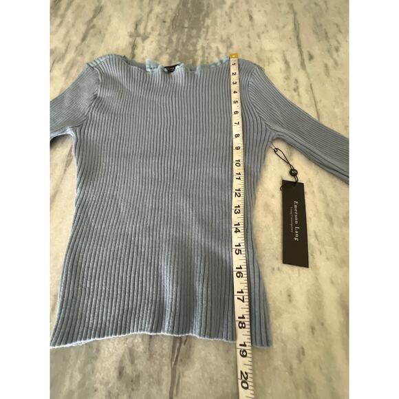 Emerson Lang- Blue Ribbed Knit Sweater Lace Neck Edge Size Small NWT - Picture 7 of 9